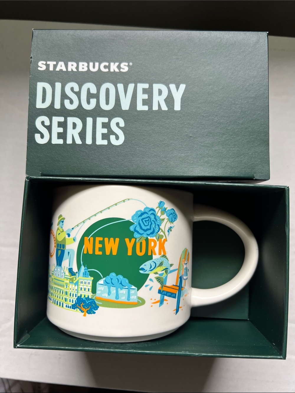 Starbucks New York Ceramic Mug in White, Green, Blue and Yellow